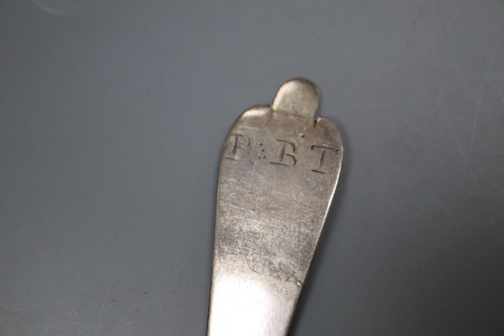 Channel Isles- An 18th century Jersey silver dog-nose spoons, with engraved initials